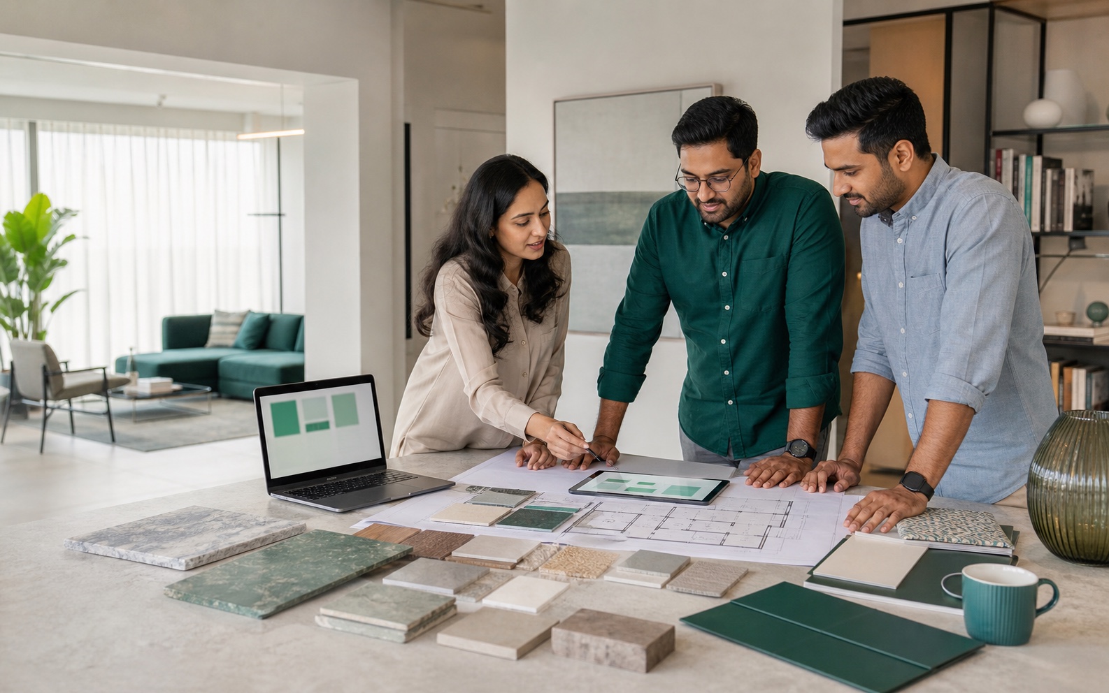 Interior design team reviewing plans, materials, and a quotation together